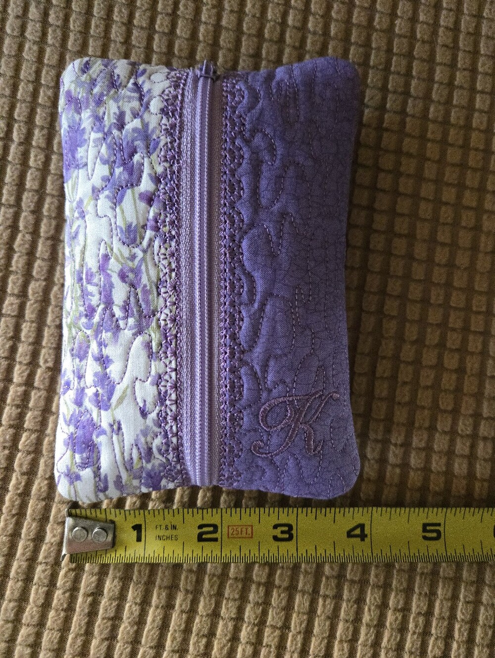 NEW Handmade Lavender Quilted Zipper Pouch with Monogram K - Picture 4 of 4